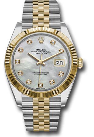 Replica Rolex Steel and Yellow Gold Rolesor Datejust 41 Watch 126333 Fluted Bezel White Mother-Of-Pearl Diamond Dial Jubilee Bracelet